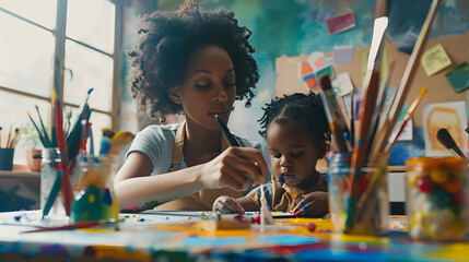 Creative african american little girl painting with child specialist sitting at table with female teacher and holding brush young woman doing arts and crafts with infant at kindergarte : Generative AI