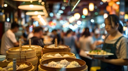 A bustling dim sum restaurant scene with servers carrying trays of Lian Rong Bao to eager diners among a lively crowd, Close up