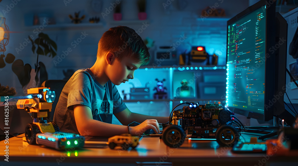 Poster School boy remotely learn online at home in coding robot and electronic board in STEM computer code in robotics for kids concept : Generative AI