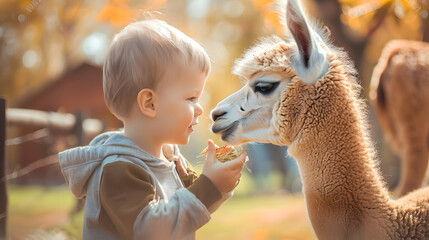 Cute toddler boy looking at an alpaca at a farm zoo on autumn day Children feeding a llama on an animal farm Kids at a petting zoo at fall Active leisure children outdoor : Generative AI