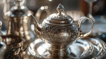 A closeup of a beautifully crafted silver tea set, showcasing intricate engravings and a polished finish, reflecting soft light, Close up