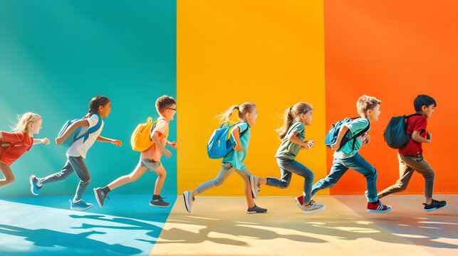 Happy pupils running to school Contemporary art collage Concept of back to school happy childhood education studying emotions ad Colorful minimalism : Generative AI