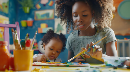 Creative african american little girl painting with child specialist sitting at table with female teacher and holding brush young woman doing arts and crafts with infant at kindergarte : Generative AI