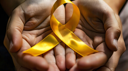 adult and child hands holding yellow gold ribbon Sarcoma Awareness Bone cancer childhood cancer awareness World Suicide Prevention Day September yellow : Generative AI
