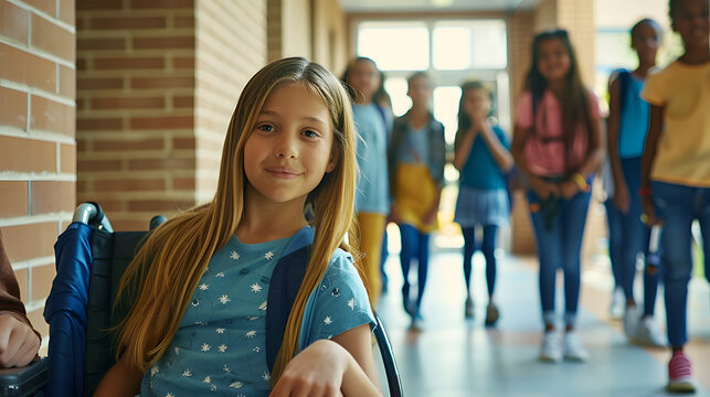 Front view of happy diverse school kids standing in  outside corridor at school while a Caucasian schoolgirl is sitting on wheelchair in foreground : Generative AI
