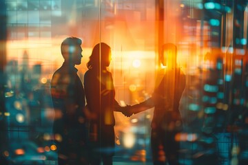 Blurred business people shaking hands in an office interior, closeups of two men and a woman standing near a window with a blurred cityscape outside Generative AI