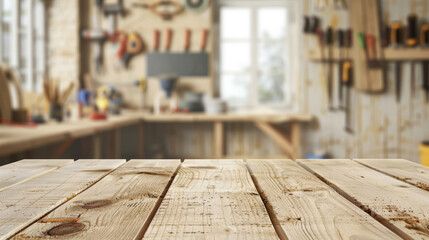 Empty light wooden table. Carpentry workshop. Blurred background