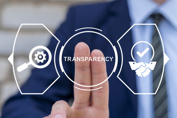 Man working on virtual touch screen presses word: TRANSPARENCY. Business transparency and...