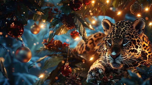 leopard in the night, leopard under the Christmas tree