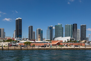 Fototapeta premium Miami Florida Cityscape of Highrise Buildings and Condos Adjacent to Bayside Marketplace on a Summer Day