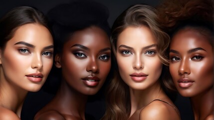 Obraz premium A diverse group of beautiful women with natural beauty and glowing smooth skin. Portrait of many attractive female fashion models with great skincare of all races, tones and style, Generative AI 