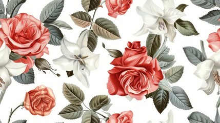 Seamless pattern background featuring a collection of vintage botanical illustrations with Rose Lily Tulip flowers and leaves in retro colors