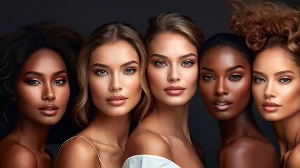 Obraz premium A diverse group of beautiful women with natural beauty and glowing smooth skin. Portrait of many attractive female fashion models with great skincare of all races, tones and style, Generative AI 