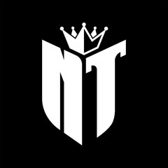 NT Letter monogram with shield shape with crown black and white color design