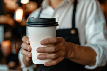 Barista man holds paper coffee cup with black lid at cafe shop background
