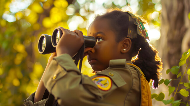 African american scout girl in uniform looking through binoculars in forest unaltered girl scout childhood exploration discovery adventure and scouting : Generative AI