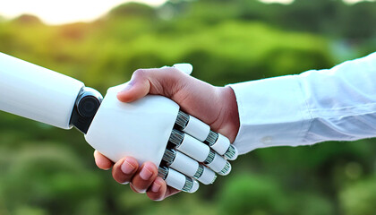 A white robot hand shaking a human hand outdoors while striking a deal. Futuristic robotics and AI concept. Symbolizing technological collaboration with humans.
