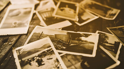 old vintage monochrome photographs pictures taken in 1968 in sepia color are scattered on a wooden table concept of genealogy the memory of ancestors family ties memories of childhood : Generative AI