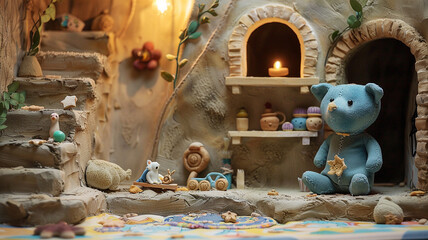 A clay children's room with blue teddy bear on the shelf, illustration 