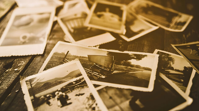 old vintage monochrome photographs pictures taken in 1968 in sepia color are scattered on a wooden table concept of genealogy the memory of ancestors family ties memories of childhood : Generative AI