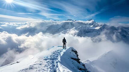 Lone Explorer Conquers Snowy Mountain Peak. Stunning Landscape, Adventure Concept. Vast Skies and Peaks. Outdoor Exploration. AI