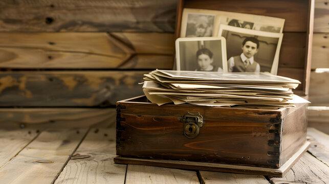 stack of old retro family sepia photos on table vintage wooden box with dear heart memorabilia concept of family tree genealogy home archive memory of ancestors childhood memories : Generative AI