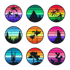 Grunge vintage sunset collection. Colorful striped sunrise badges in 80s and 90s style. Sun and ocean view, summer vibes, surfing. Design element for print, logo or t-shirt. Vector illustration