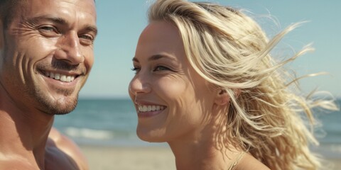 Fototapeta premium Smiling muscular man and blonde woman at the beach, lifestyle, sunny, summer and vacation concept