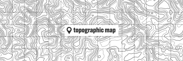 Topographic map with contour lines. Geographic terrain grid, relief height elevation. Ground path pattern. Travel and navigation, cartography design element. Vector illustration