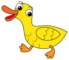 Cartoon happy farm animal cheerful duck bird running isolated background with sketch drawing illustration for children