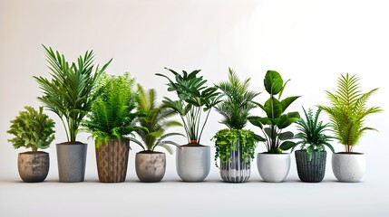 Assorted Indoor Potted Plants on a White Background. Home Gardening, Simple Decor. Fresh Green Houseplants Collection. Eco-Friendly Lifestyle. Clean Air. AI