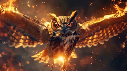 Naklejka premium Owl character with golden shining light fire serious gaze Background wallpaper AI generated image
