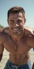 Smiling muscular man at the beach, lifestyle, sunny, summer and vacation concept, vertical orientation