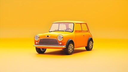 Fototapeta premium Vintage Mini Car on a Bright Yellow Background, Classic Automobile Design. Retro Vehicle Concept with Clean Style and Nostalgic Charm for Various Projects. AI