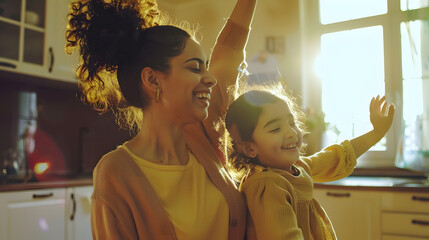 Cheerful Middle Eastern Mother And Daughter Kid Dancing Together At Modern Kitchen Interior Young Mom And Preteen Child Girl Having Fun During Home Party Indoors On Weekend : Generative AI