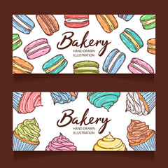 Vector backery and confectionery template. Hand drawn cupcakes, macarons, cookies and other sweets