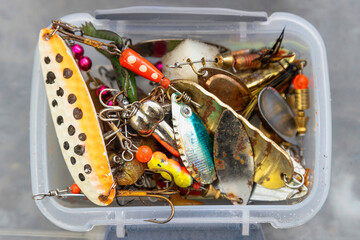 Fishing equipment - fishing baits in a fishermen box - rusty used © DBA