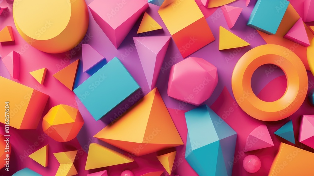 Poster a 3d rendering of colorful geometric shapes on a pink background. aig51a.
