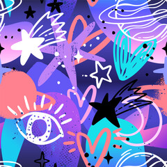 Abstract seamless chaotic pattern with hand drawing elements, stars, scuffed and sprays. Fashion wallpaper 