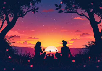 Couple having a romantic picnic at sunset