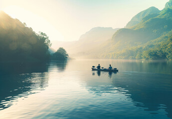 Couple kayaking on a tranquil lake