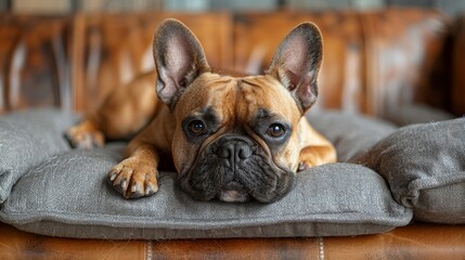 A french bulldog lies on its soft dog bed in an interior shot of a home