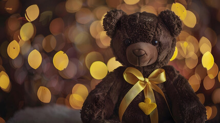 Children soft toy brown bear with yellow gold ribbon Childhood cancer awareness : Generative AI