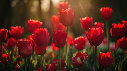 Obraz premium Background of blooming red tulips in a light shade