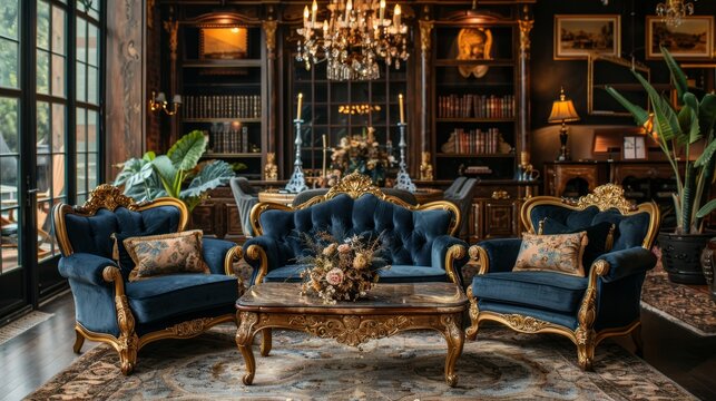 luxurious event lounge, luxurious velvet sofas with gold accents and carvings adorn the walls, providing a grand seating area for guests to await their special event