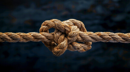 Fototapeta premium Two ropes with knot on dark background as concept of strength and battl, rope or fabric with knotted area symbolizing unity in diversity