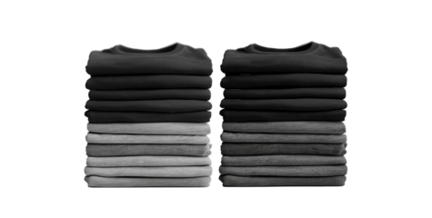 2 Set of pile stack group of folded blank black grey gray white tee t shirt sweater round neck on transparent background cutout, PNG file. Mockup template for artwork graphic design