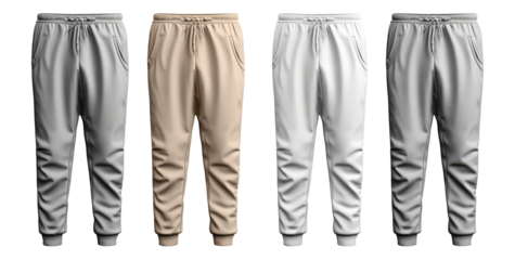 2 Set of white and light grey gray, front back view sweatpants jogger sports trousers bottom pants on transparent background, PNG file. Mockup template for artwork design