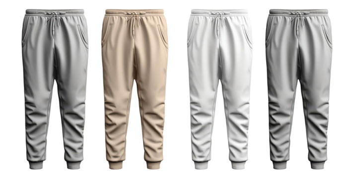 2 Set of white and light grey gray, front back view sweatpants jogger sports trousers bottom pants on transparent background, PNG file. Mockup template for artwork design