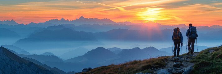 sunrise in the mountains, two hikers, adorned with backpacks, traversing alpen mountain trail at sunrise.